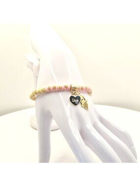 Pink And Gold Beaded Stretch Bracelet With Heart And Hamsa Charms